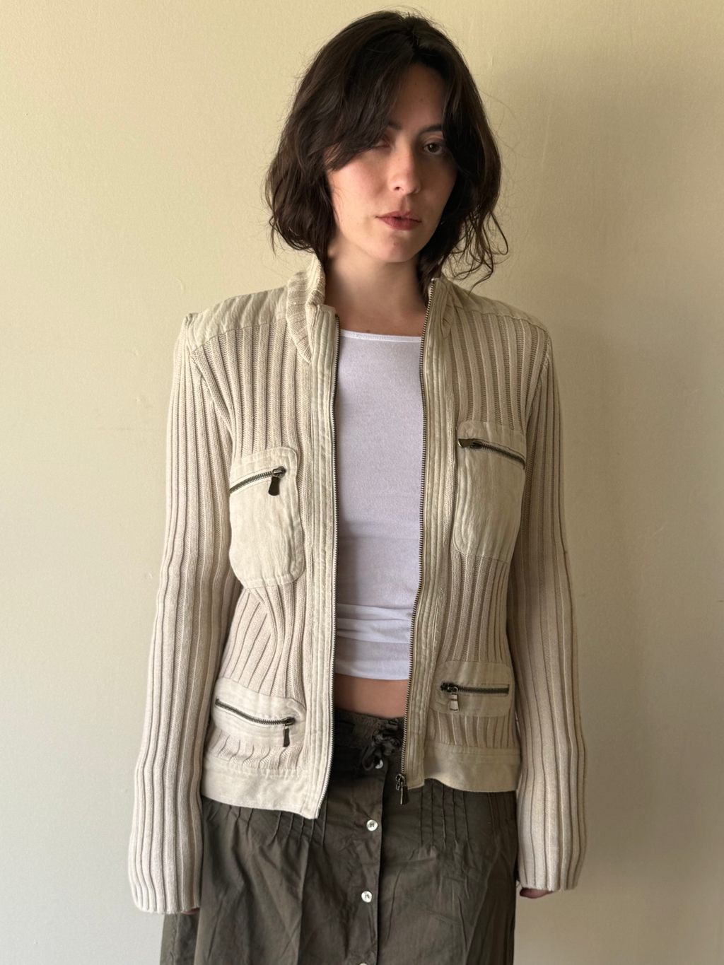 Ribbed Zip-Up Cardigan / M