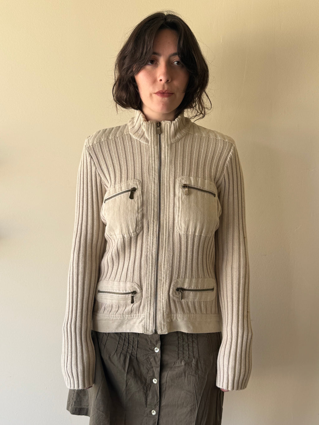 Ribbed Zip-Up Cardigan / M