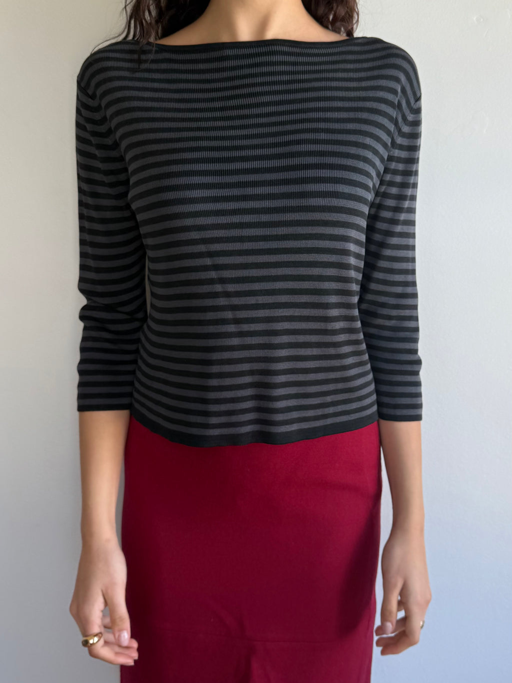 Silk Striped Quarter Sleeve Top / M