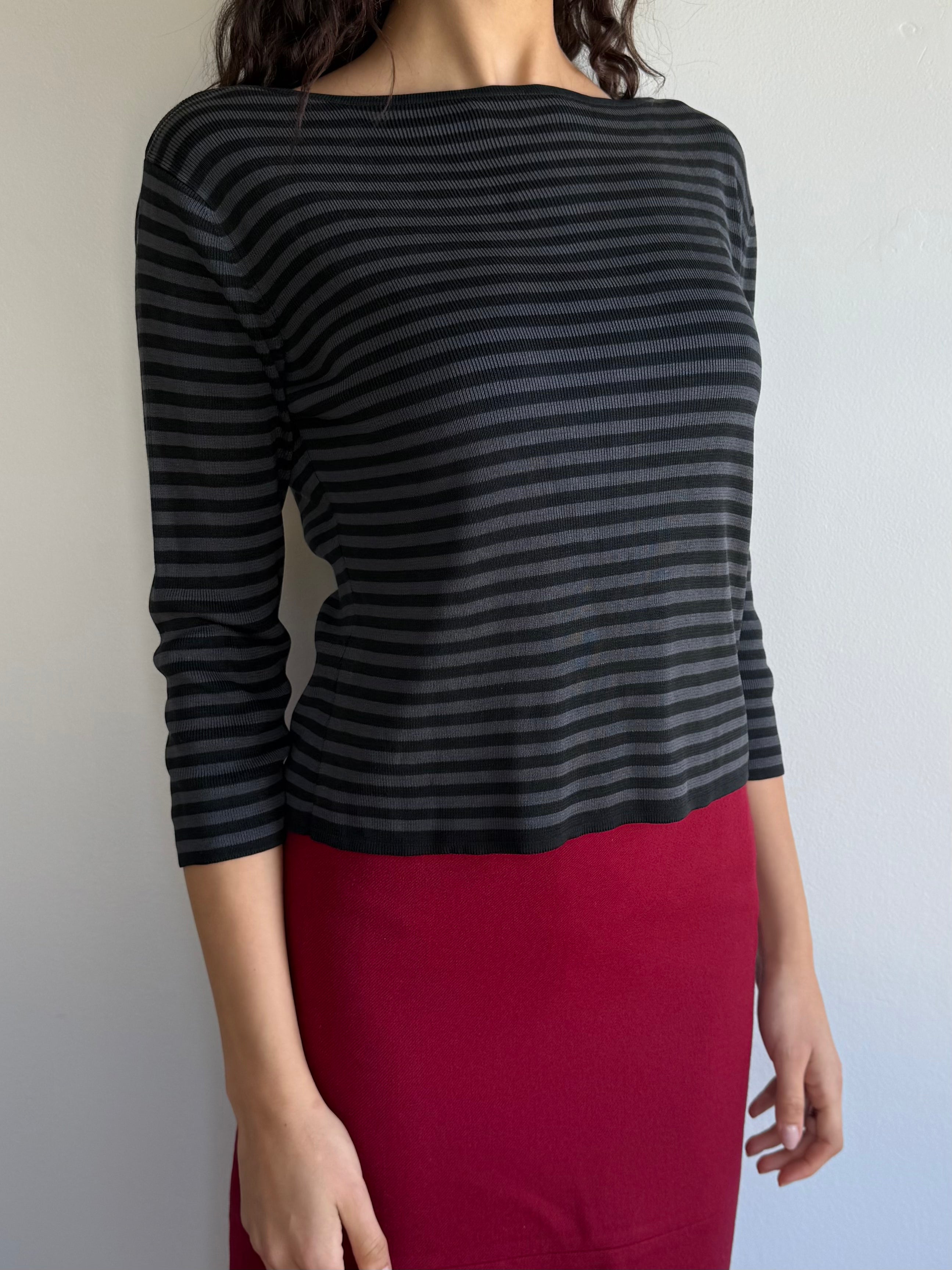 Silk Striped Quarter Sleeve Top / M
