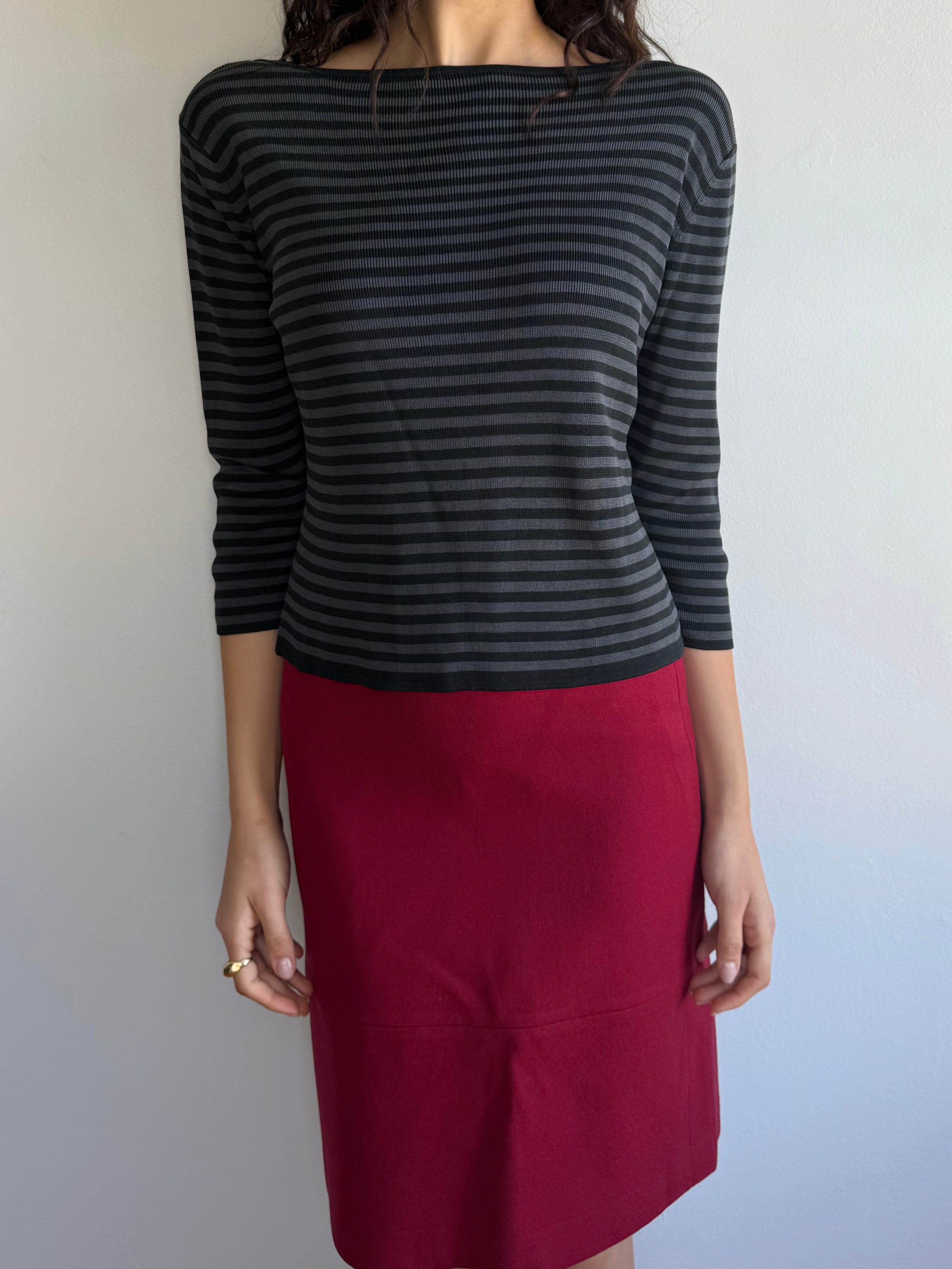 Silk Striped Quarter Sleeve Top / M