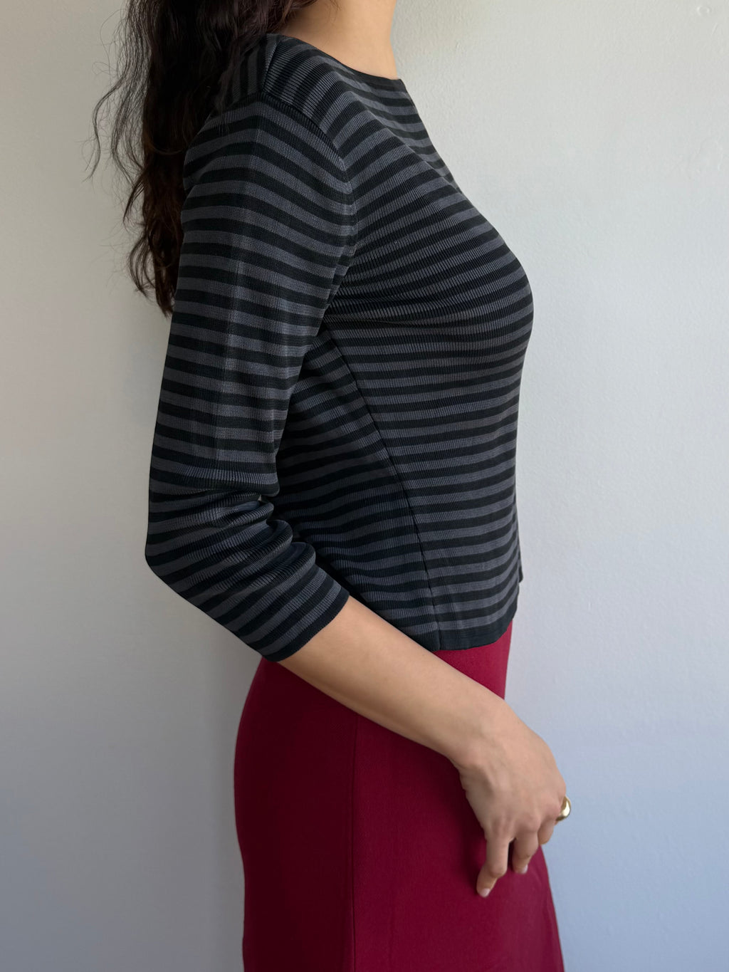 Silk Striped Quarter Sleeve Top / M