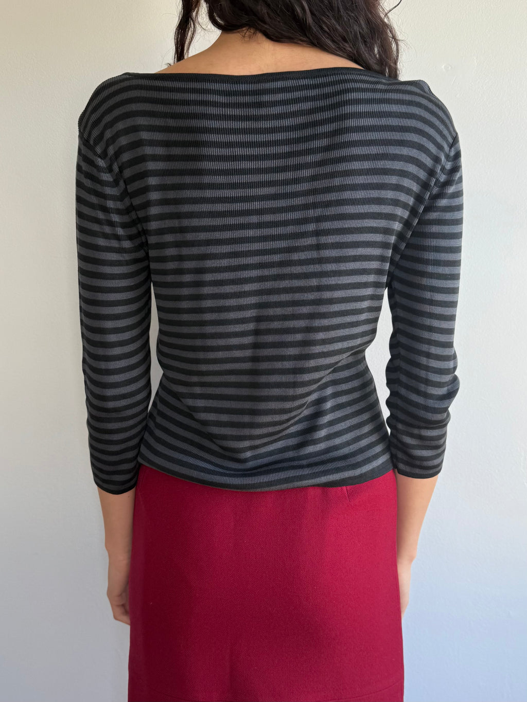 Silk Striped Quarter Sleeve Top / M