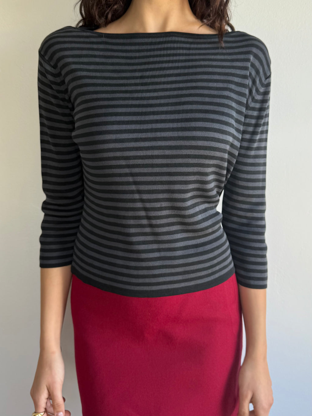 Silk Striped Quarter Sleeve Top / M