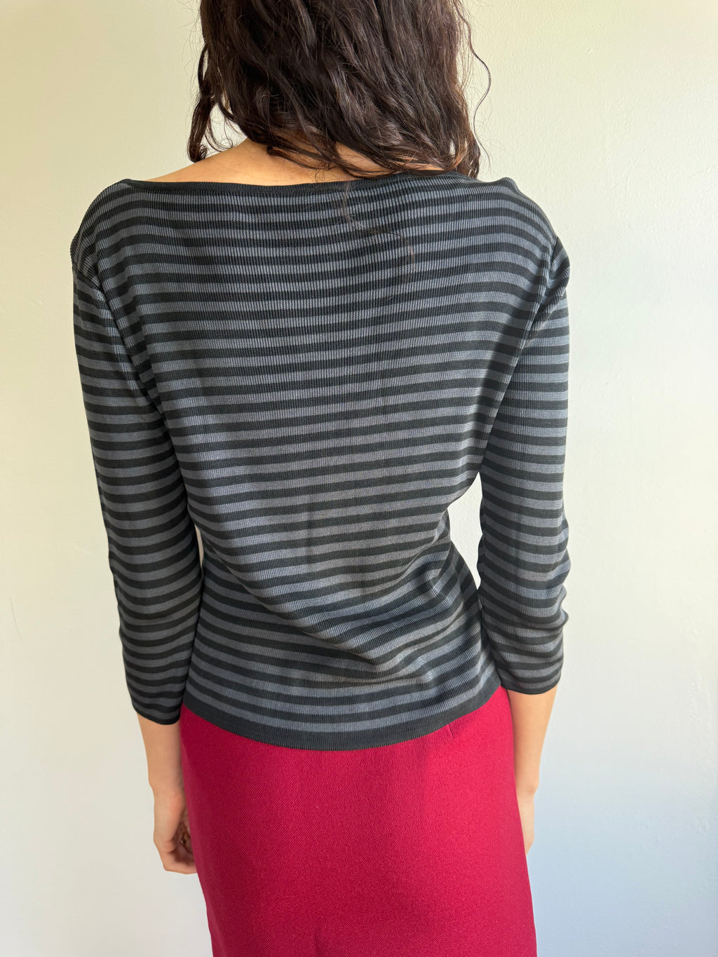 Silk Striped Quarter Sleeve Top / M