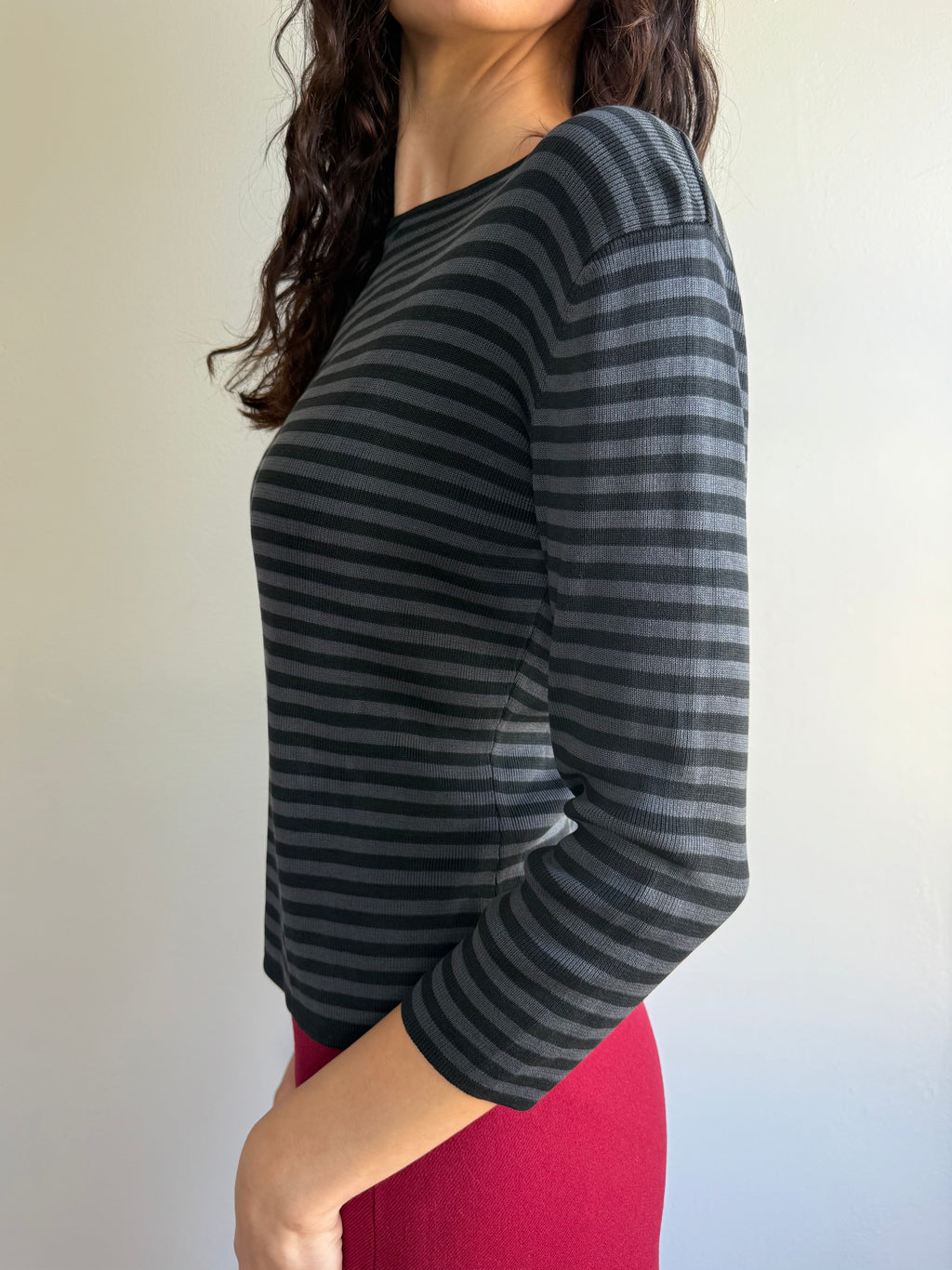 Silk Striped Quarter Sleeve Top / M