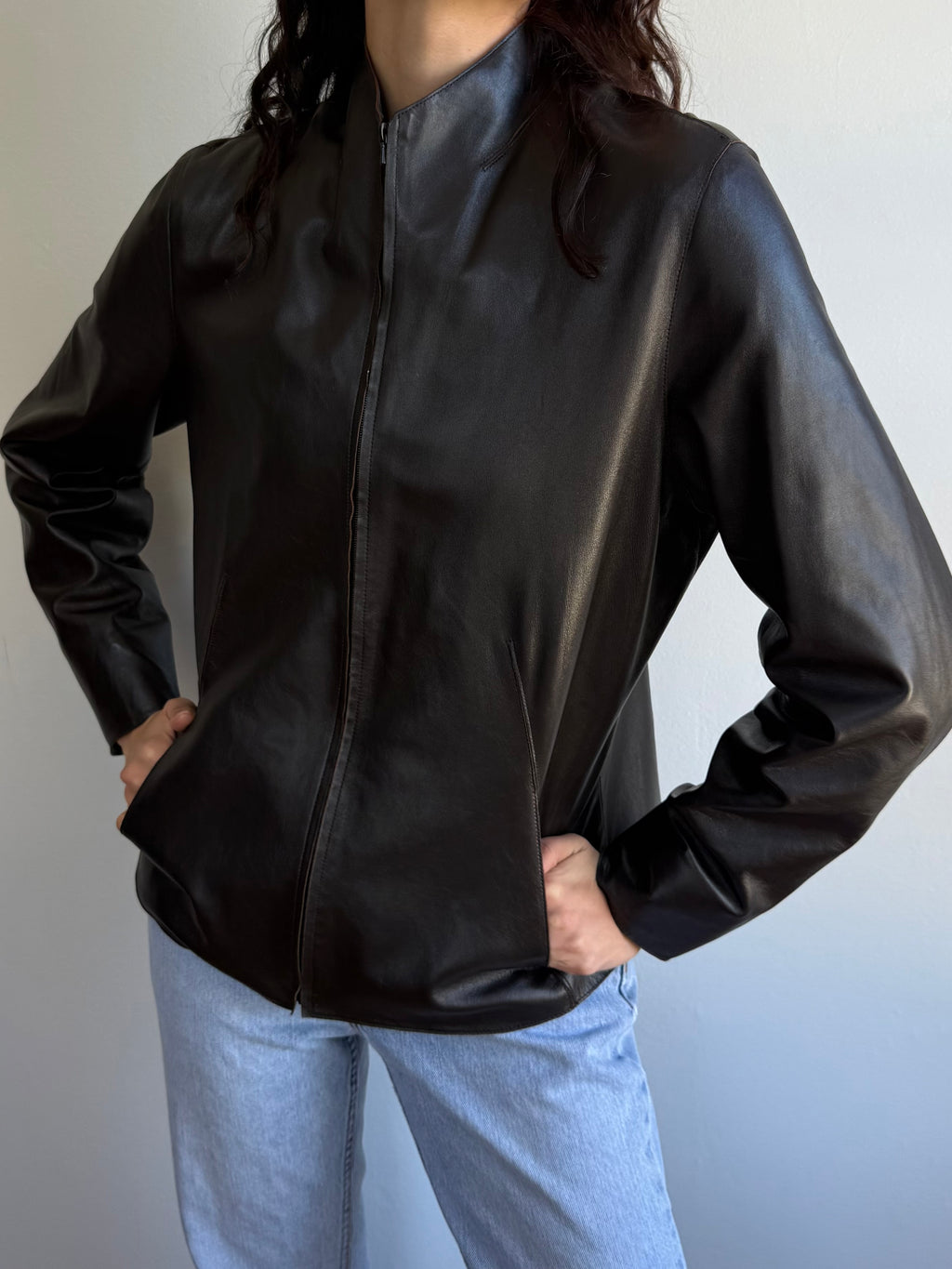Vintage Collarless Leather Jacket / M