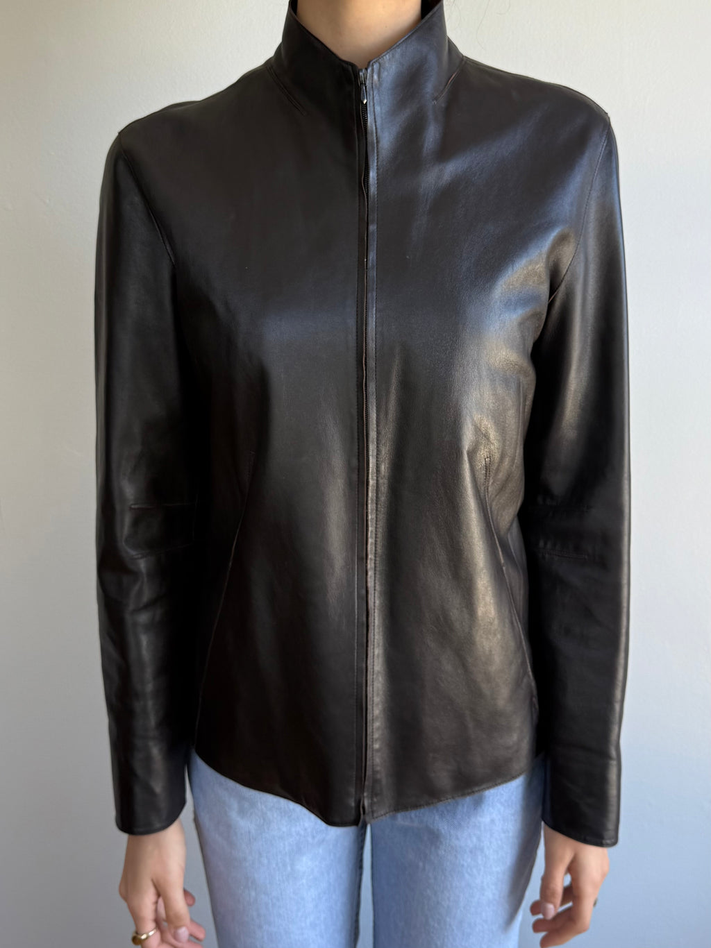 Vintage Collarless Leather Jacket / M
