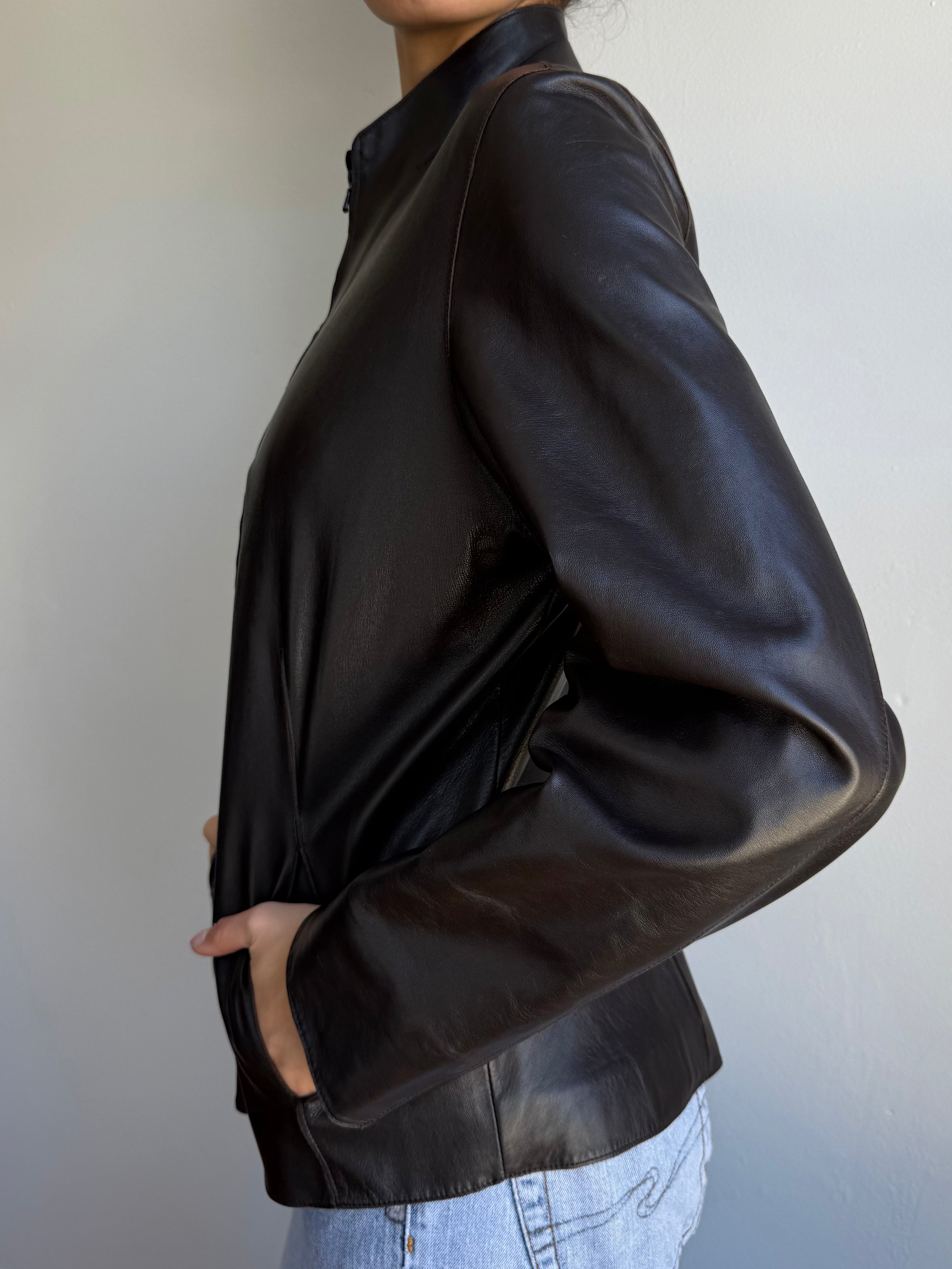 Vintage Collarless Leather Jacket / M
