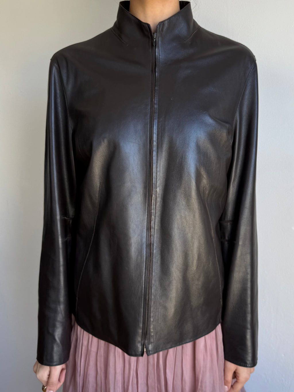 Vintage Collarless Leather Jacket / M