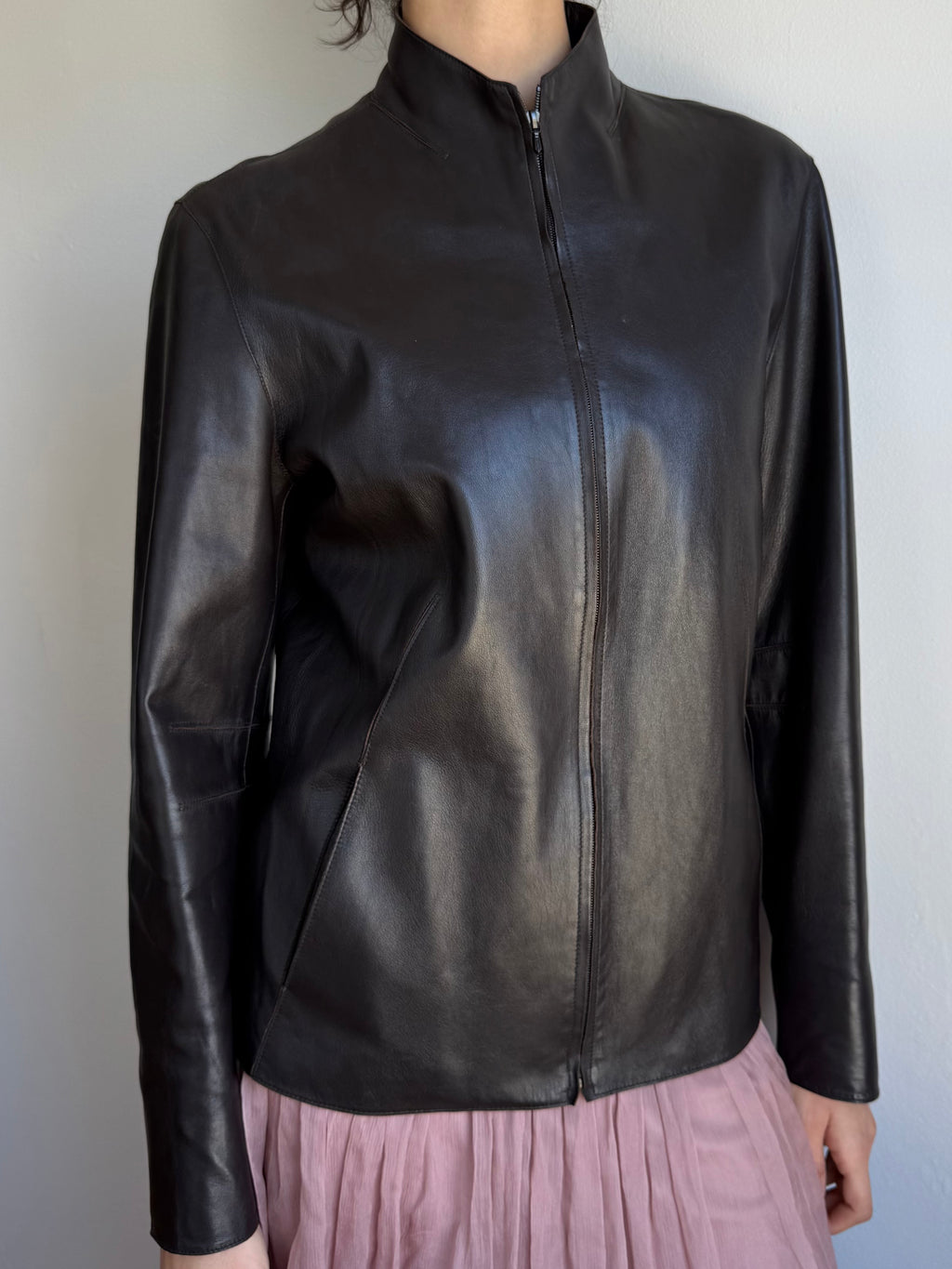 Vintage Collarless Leather Jacket / M