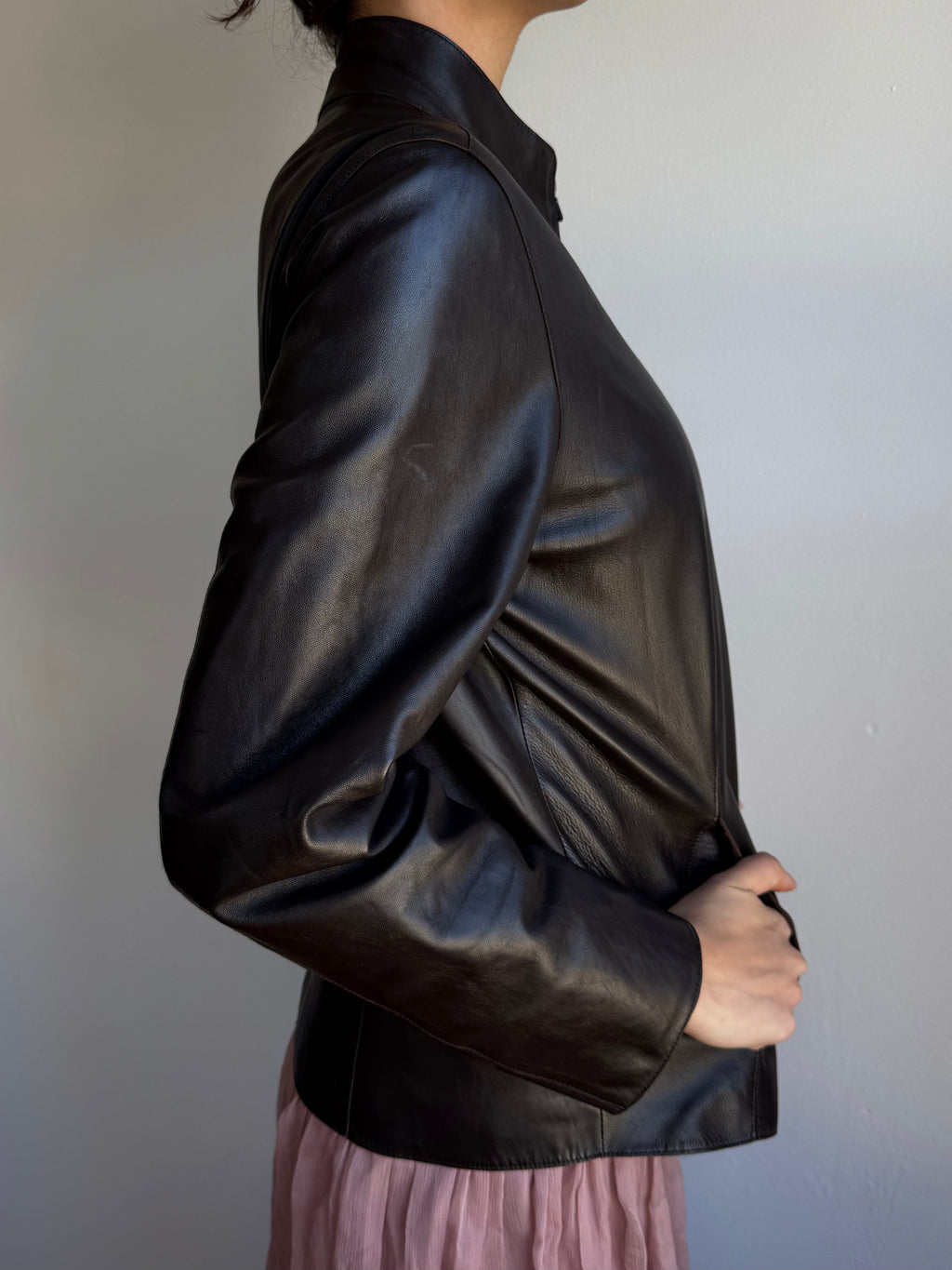 Vintage Collarless Leather Jacket / M