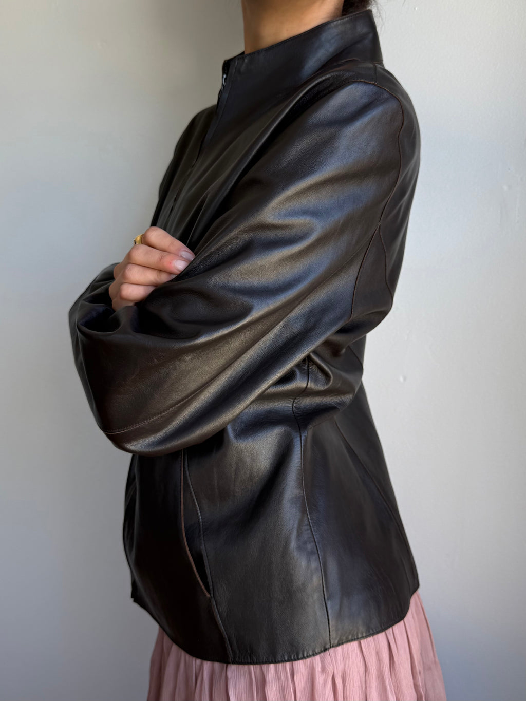 Vintage Collarless Leather Jacket / M
