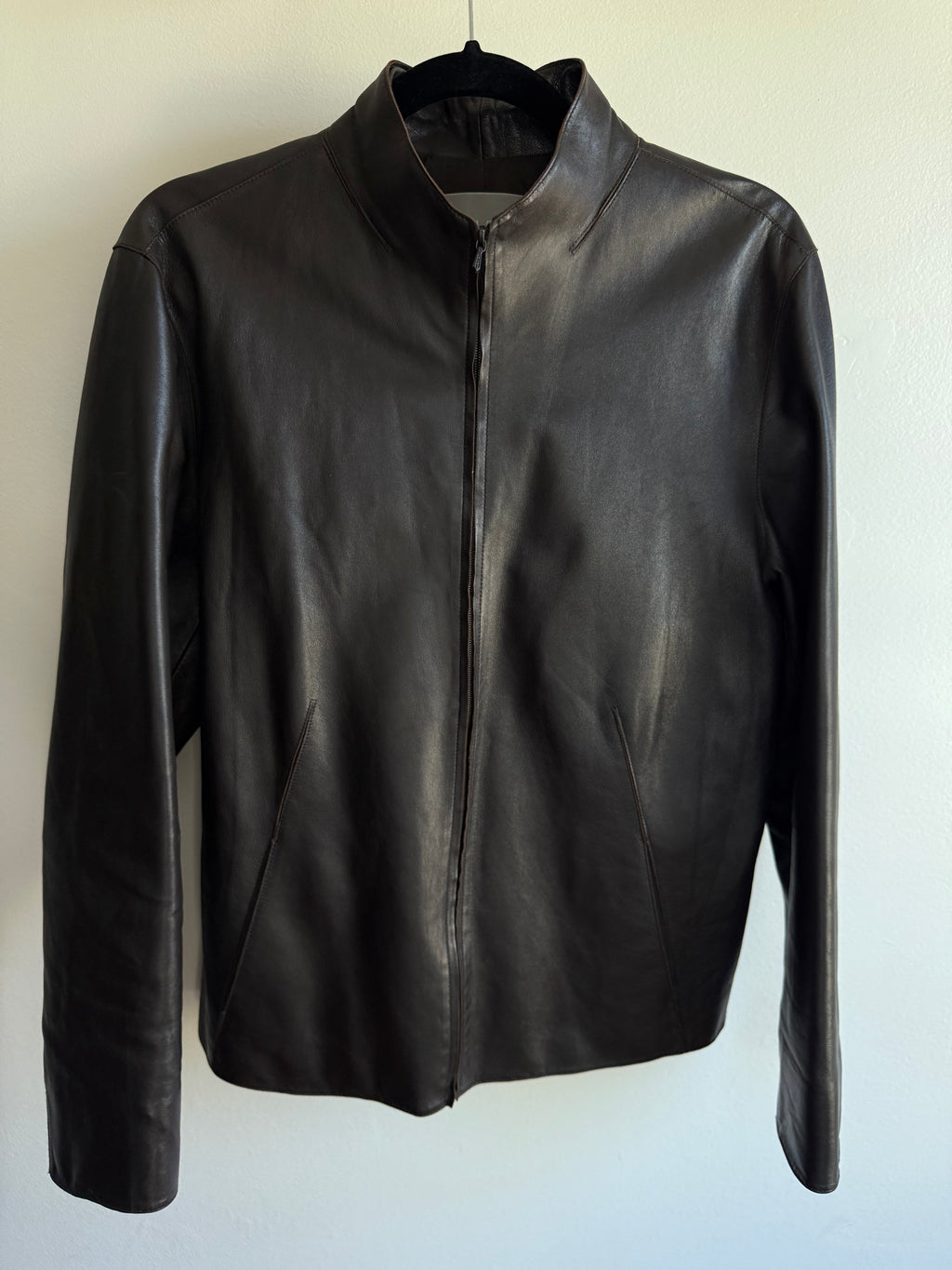 Vintage Collarless Leather Jacket / M