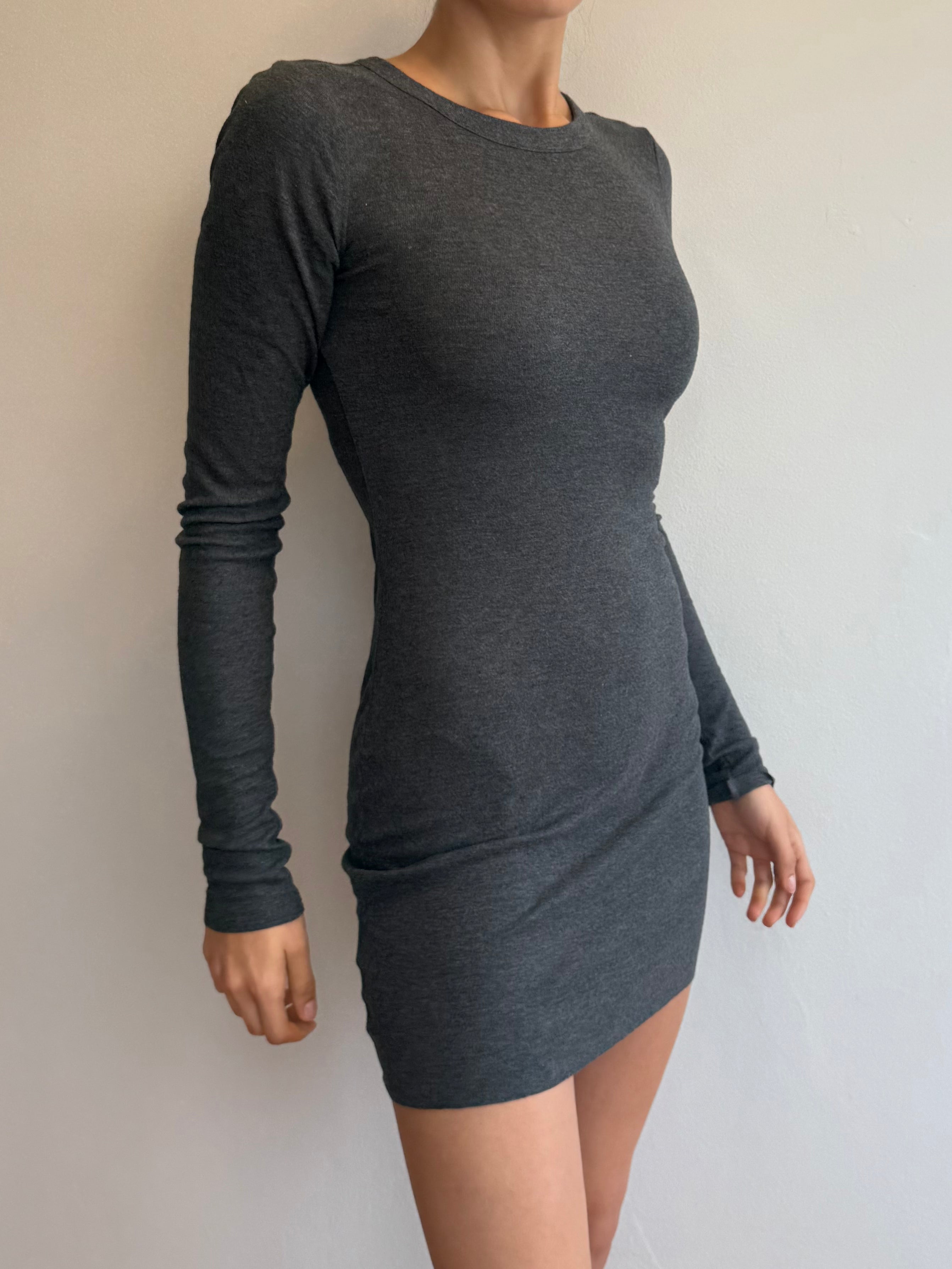 Person wearing a gray long-sleeve dress against a plain background