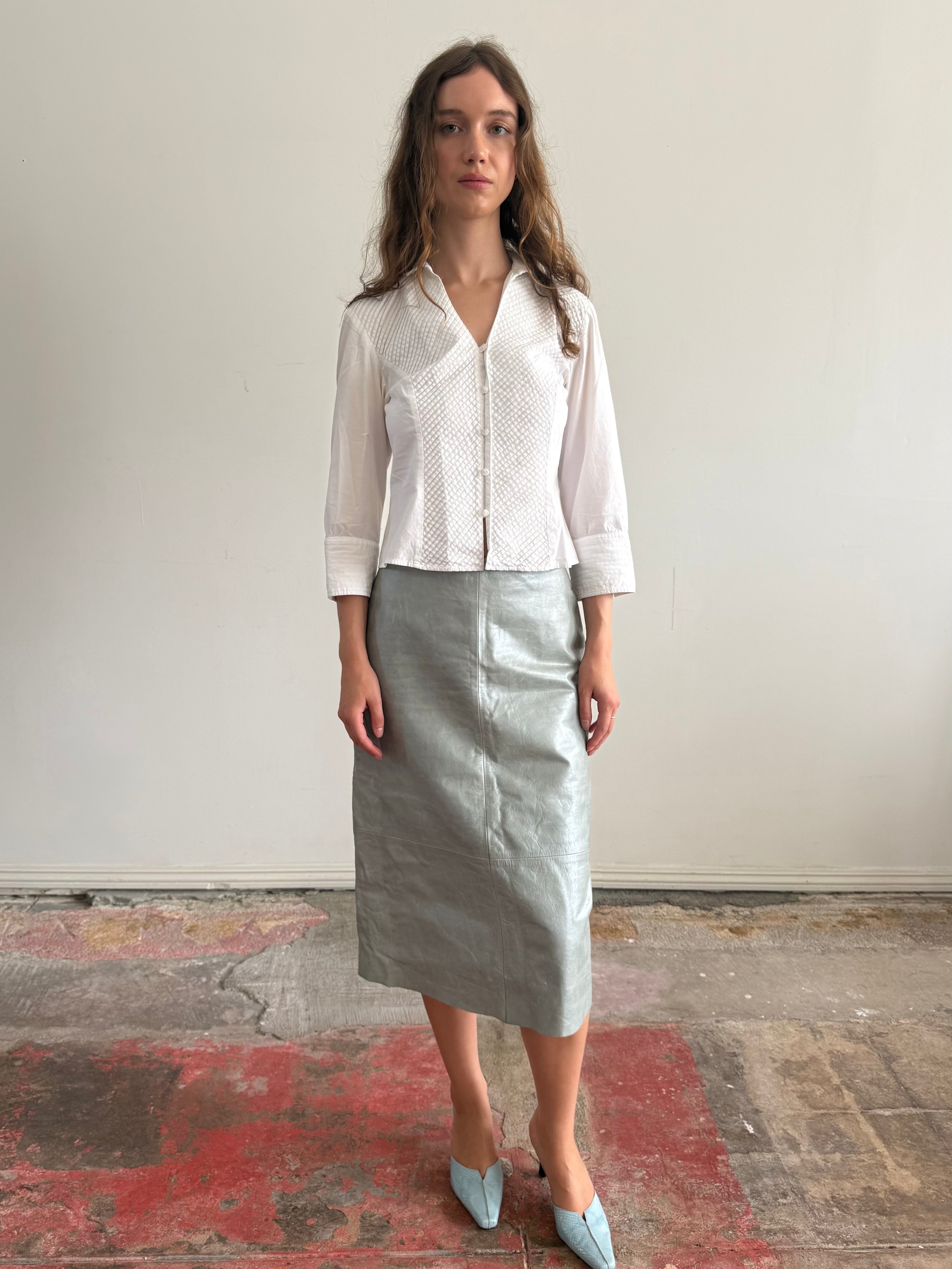 Teal Leather Midi Skirt / 8