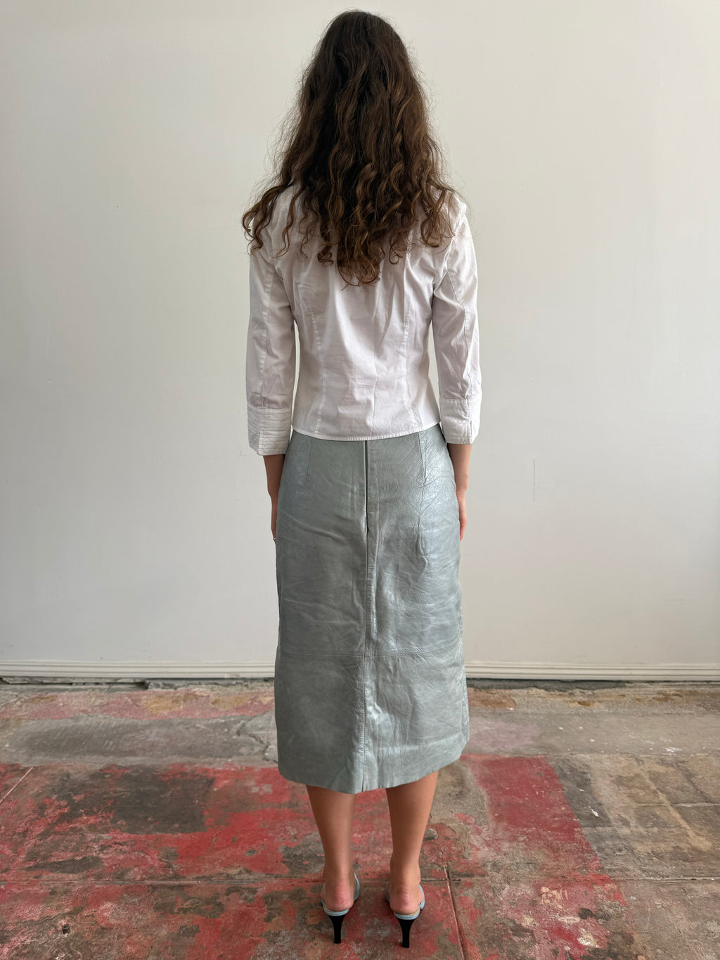 Teal Leather Midi Skirt / 8