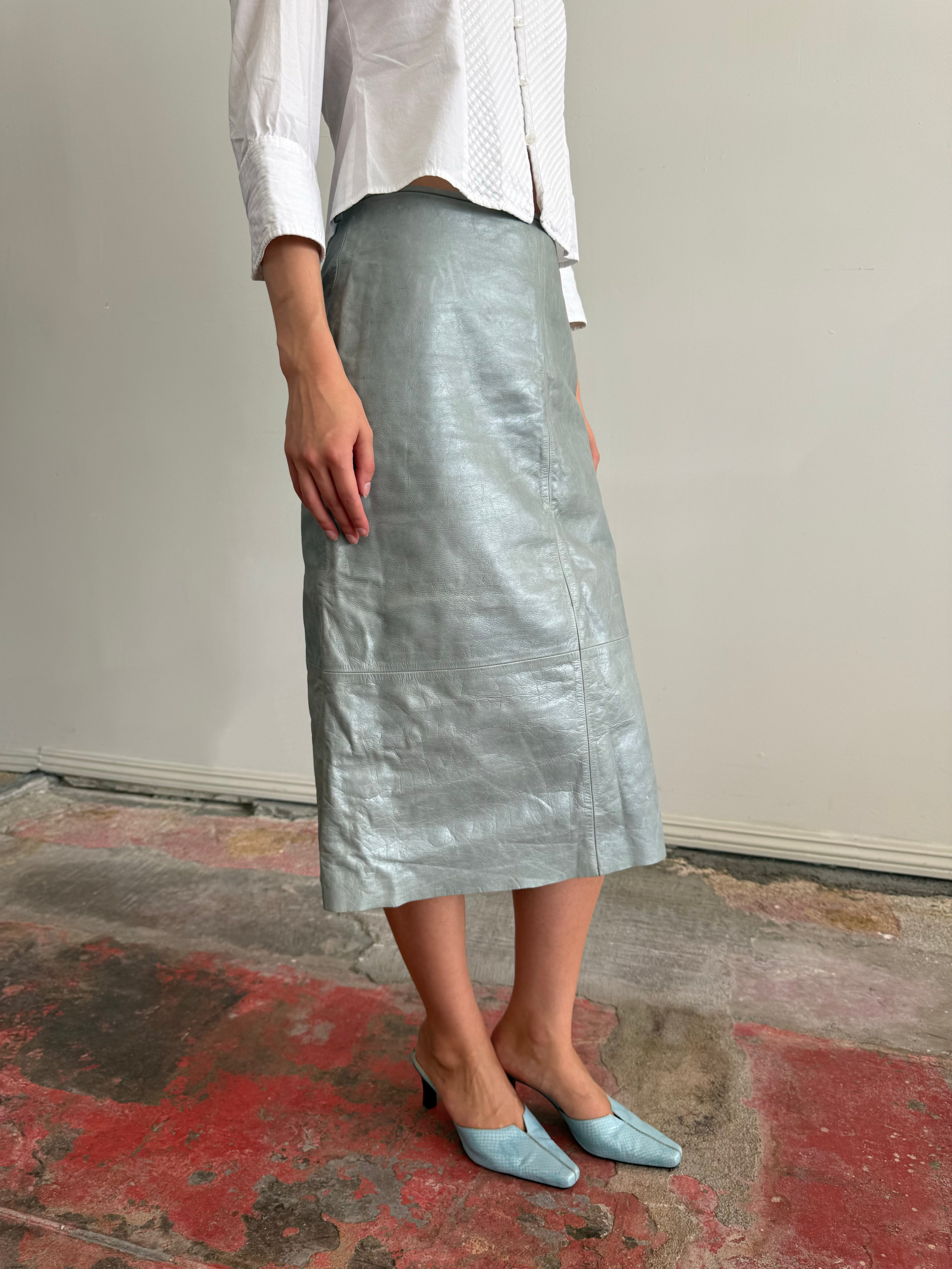 Teal Leather Midi Skirt / 8