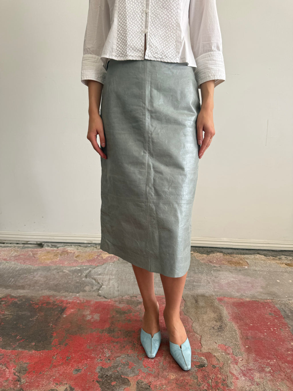 Teal Leather Midi Skirt / 8