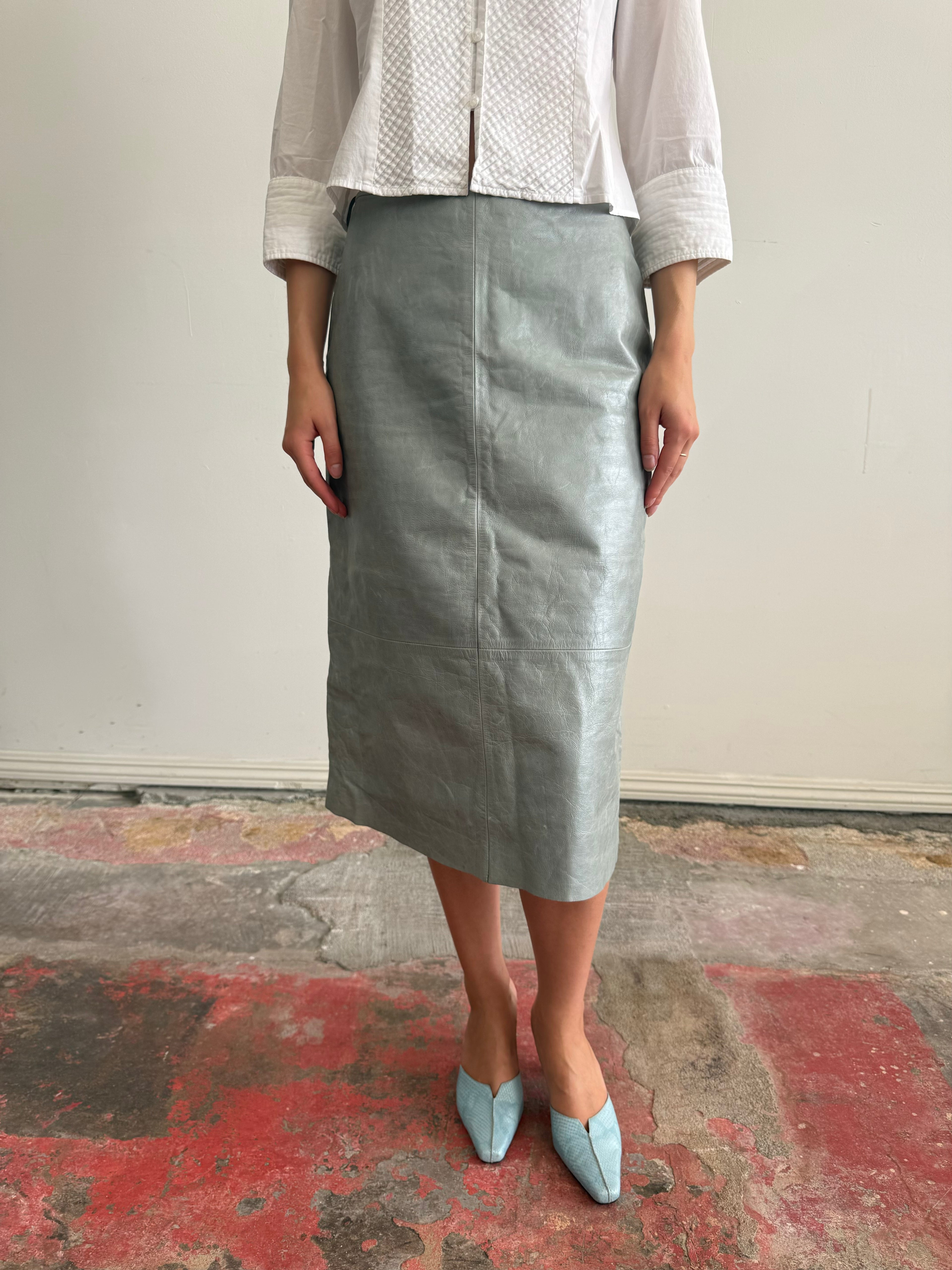 Teal Leather Midi Skirt / 8
